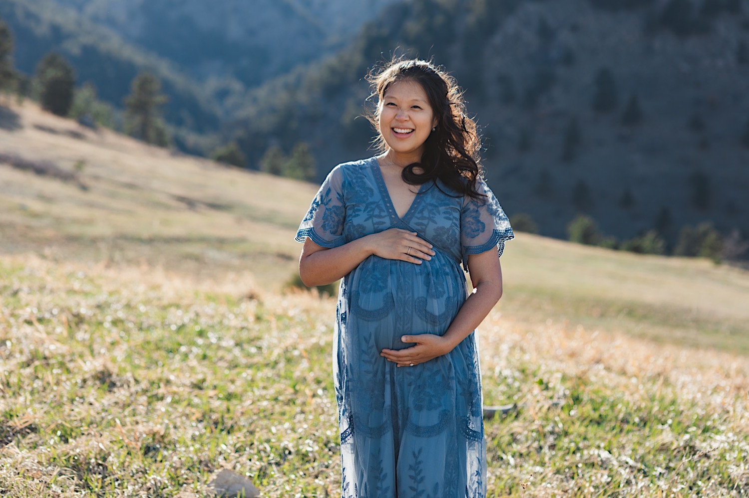 Boulder Colorado maternity photographer chautauqua park golden hour mountain session Gather and Abide Photography blue dress