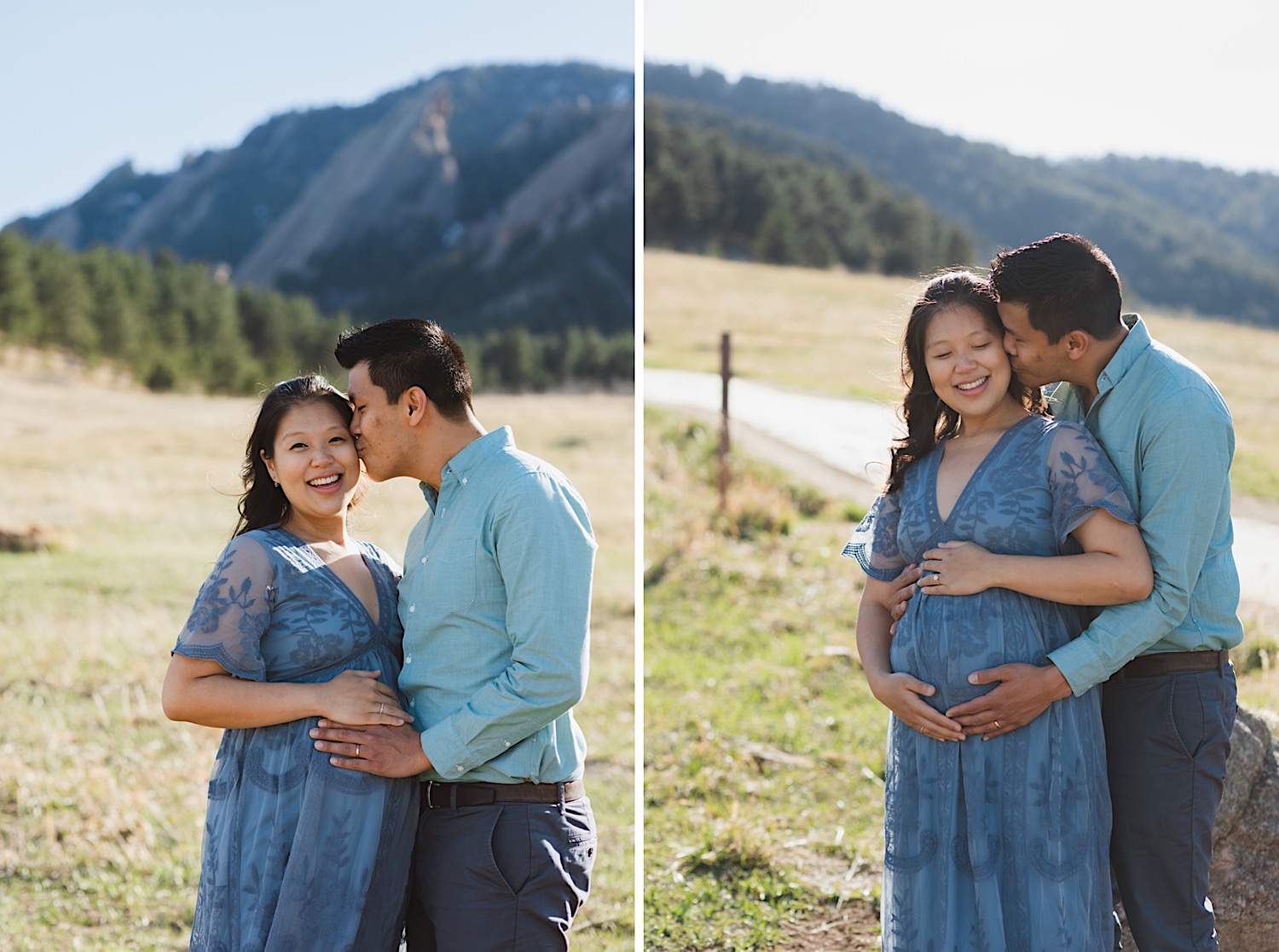 Boulder Colorado maternity photographer chautauqua park golden hour mountain session Gather and Abide Photography blue dress flowers baby's breathe asian american mom and dad firstborn